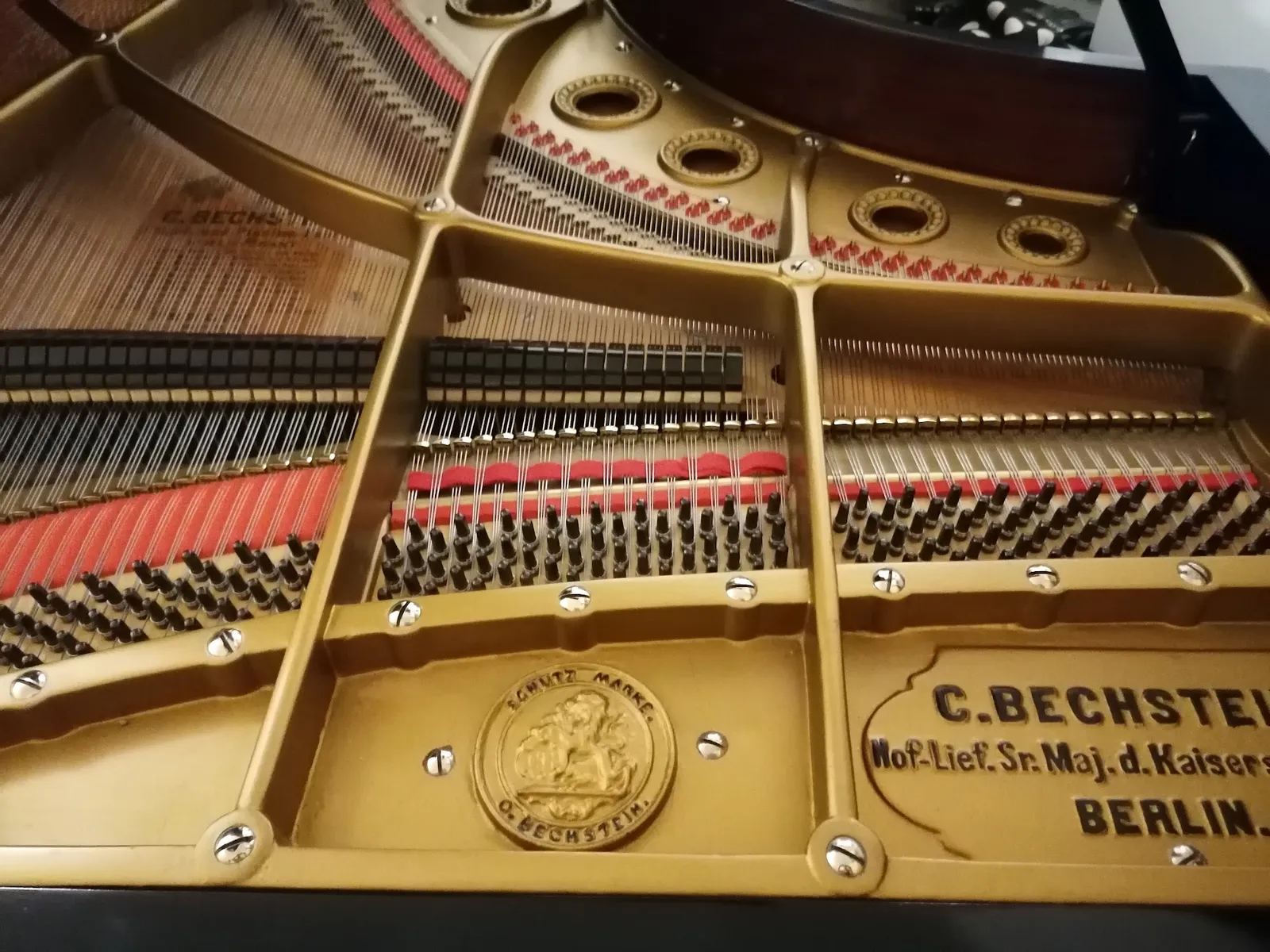 Detailaufnahme einer C. Bechstein Gussplatte mit Saiten und Stimmwirbeln